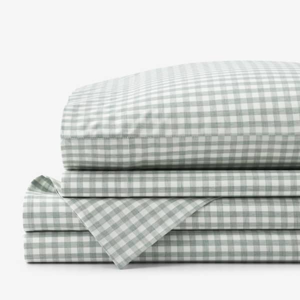 The Company Store Company Cotton Gingham Yarn-Dyed Melange Sage Plaid Cotton Percale Full Sheet Set