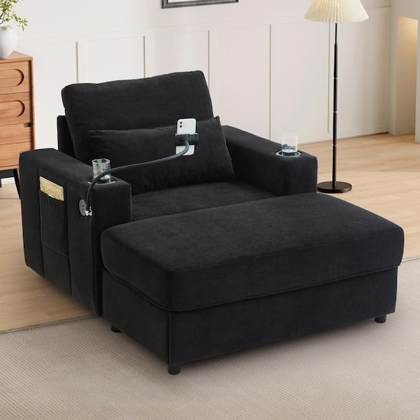Black Chenille Chaise Lounge Sofa with Storage Ottoman, USB Ports, Cup Holders, Phone Holder, Side Pockets