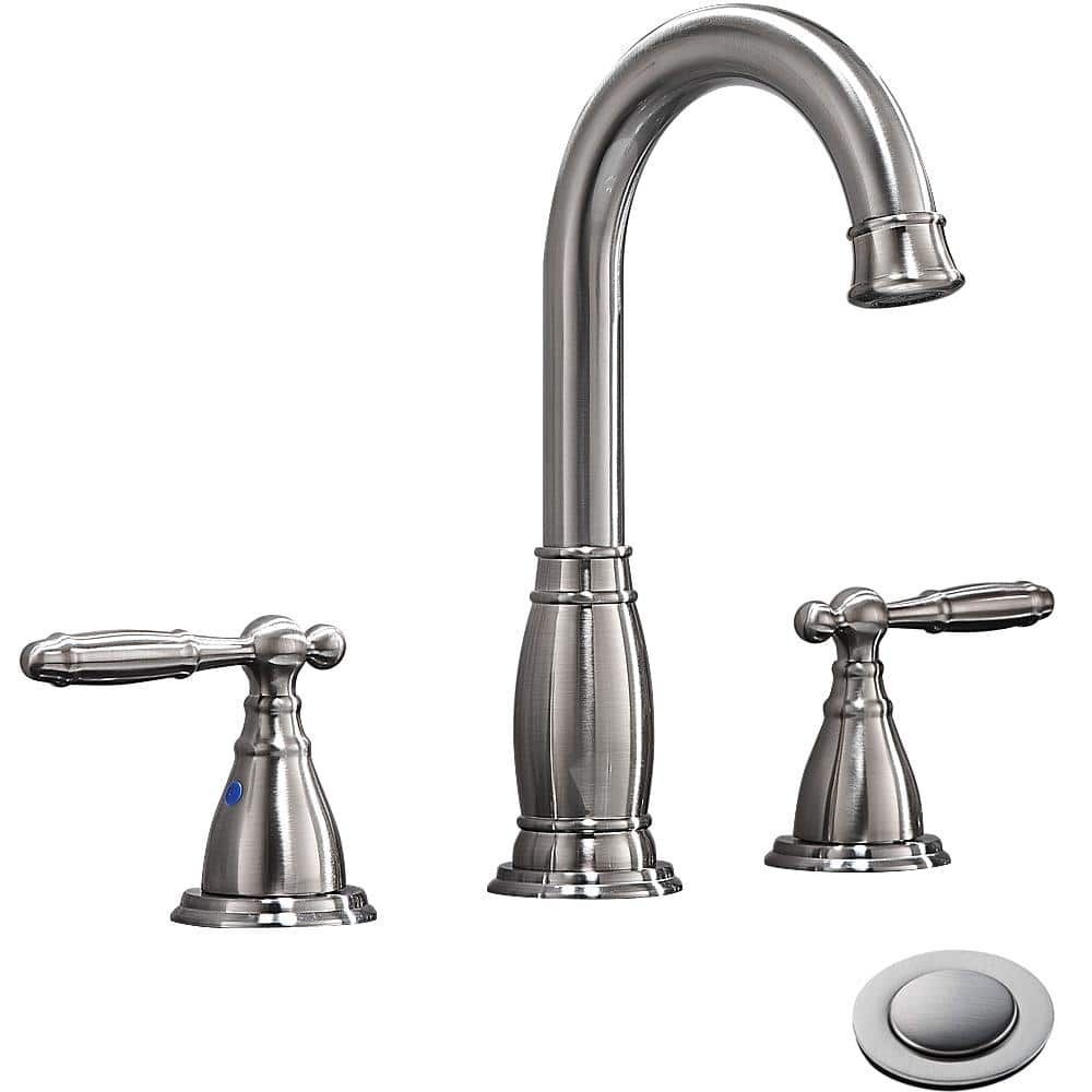 8 in. 2Handle 3Hole Widespread Bathroom Faucets with Valve and Metal PopUp Drain Assembly in