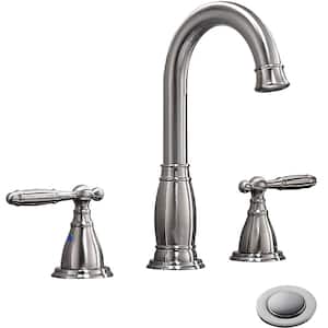 8 in. 2-Handle 3-Hole Widespread Bathroom Faucets with Valve and Metal Pop-Up Drain Assembly in Brushed Nickel