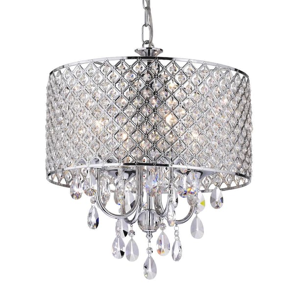 Edvivi Marya 4-Light Modern Chrome Round Chandelier with Beaded Drum Shade /Hanging Clear Glass Crystals