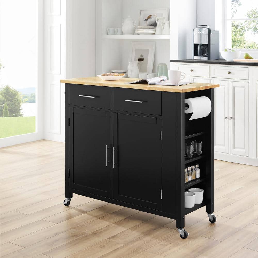 Savannah Transitional Black Wood Kitchen Cart with Spice Rack and Storage
