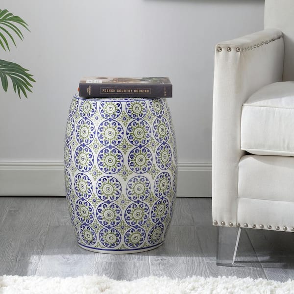 Lula 17.25 in. Suzani Ceramic Garden Stool, Blue/Green