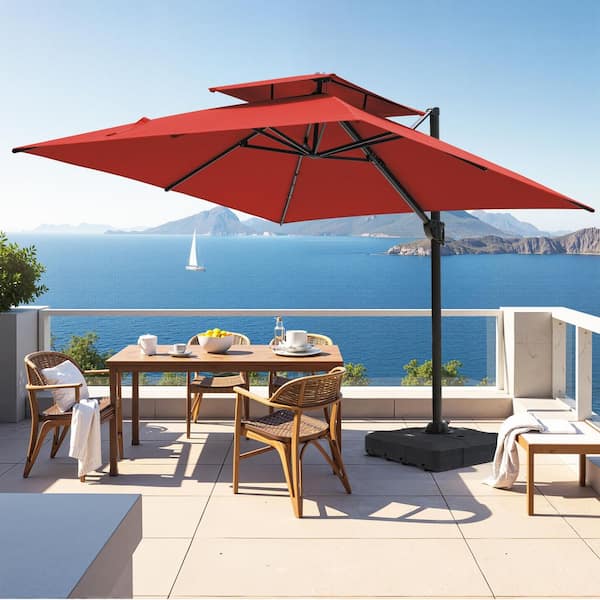10 ft. Square Dual-Top Aluminum 360° Rotation Offset Outdoor Cantilever Patio Umbrella in Red with Fillable Base Weights