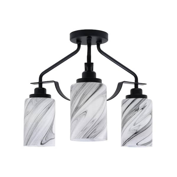 Unbranded Zara 14.5 in. 3-Light Matte Black Semi-Flush with 4 in. Onyx Swirl Glass Shades No Bulbs Included