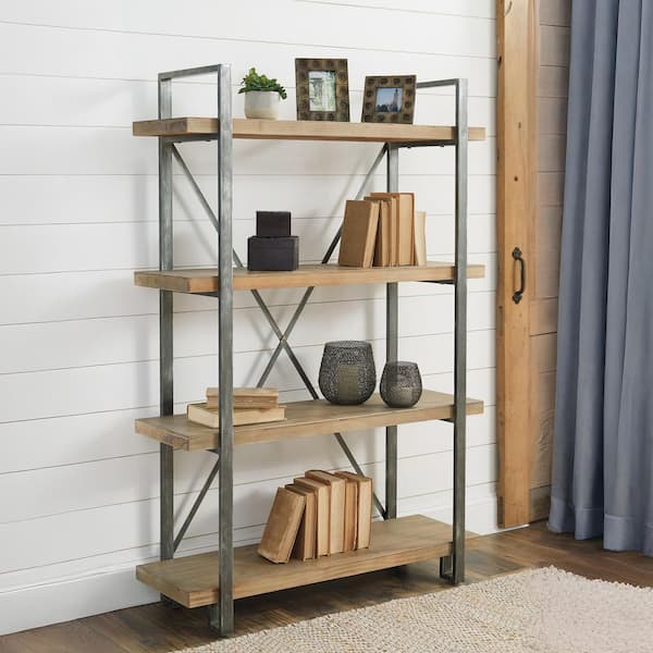 Forestmin 68 in. Tall Black/Brown Metal Frame 4-Shelf Standard Bookcase with Interior Shelves