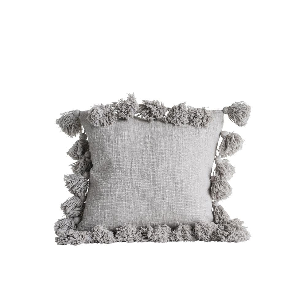 Gray Square Cotton Slub Pillow with Tassels