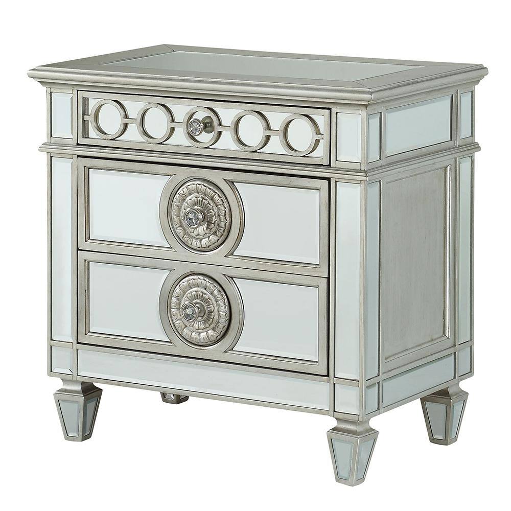 Elegant Silver Mirrored 2-Drawer Nightstand with Geometric Trim