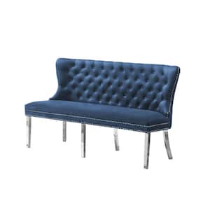 Alina Navy Blue Velvet Stainless Steel Leg Bench with Nailhead Trim and Tufted Buttons. 65 in. L x 25 in. W x 40 in. H