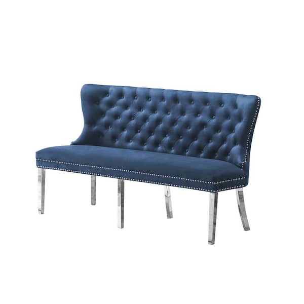 Best Quality Furniture Alina Navy Blue Velvet Stainless Steel Leg Bench with Nailhead Trim and Tufted Buttons. 65 in. L x 25 in. W x 40 in. H