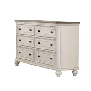64 in. Antique White and Brown 6-Drawer Dresser with Distressed Detail