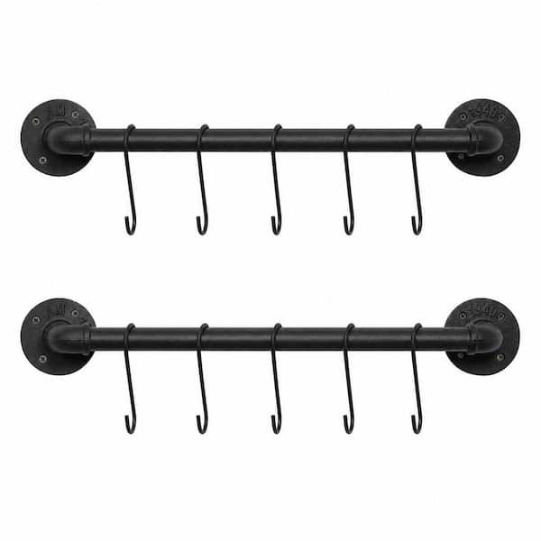 2-Pack 21 in. Black Wall Mounted Pan Pot Rack, Iron Pipe Kitchen Hanging Rail with 10 S Hooks