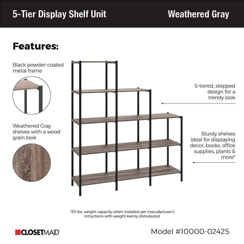 Weathered Gray 5-Tier Ladder Bookcase with Black Metal Frame