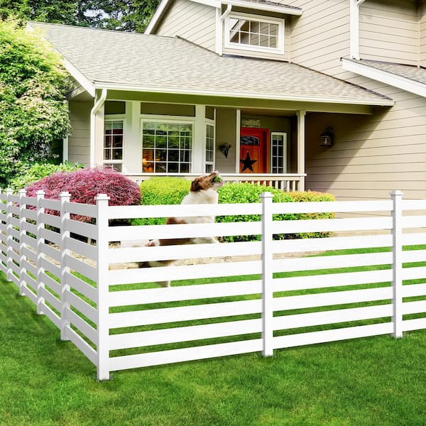 LUE BONA Ares 38 in. x 46 in. White Garden Fence W/Post And No-Dig Steel Cone Anchor Recycled Plastic Privacy Fence Panel(4-Pack)
