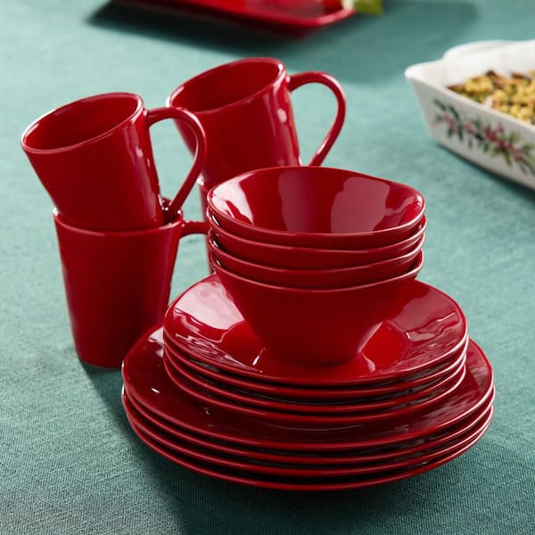 Berry Red Christmas 16-Piece Stoneware Assorted Colors Dinnerware Set (Service Set for 4)