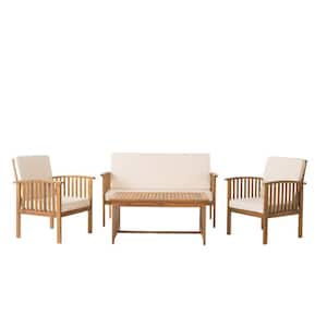 Brown 4-Piece Acacia Wood Patio Conversation Set with Beige Cushions for Garden, Backyard