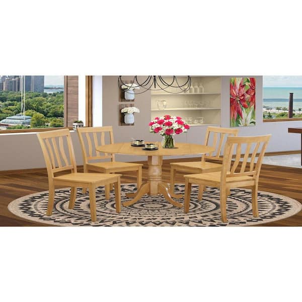 East West Furniture 5-Piece Round Natural Oak Finish Solid Wood Top Dining table with 4 Chairs with Lattice Back