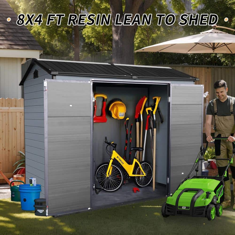 Gray 8x4ft Outdoor Resin Garden Shed with Floor and 2 Windows