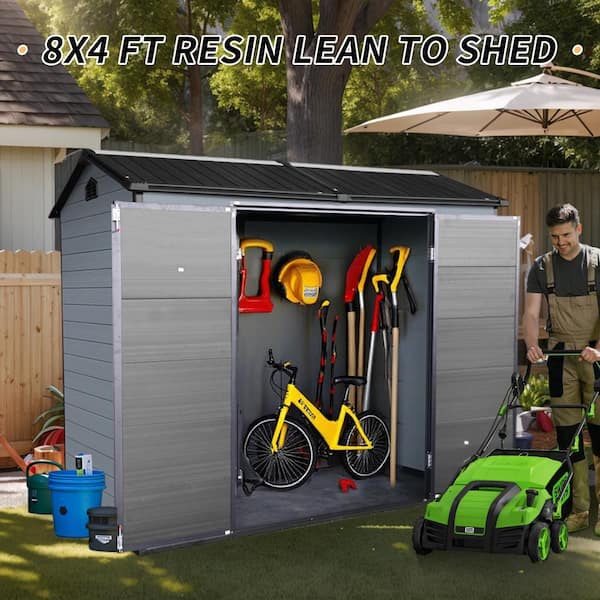 Gray 8x4ft Outdoor Resin Garden Shed with Floor and 2 Windows Lockable Door for Garden