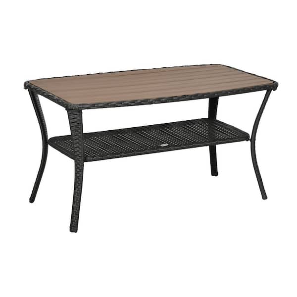 Unbranded Hand-Woven Mixed Brown Wicker Outdoor 22 in. H Side Table with 2-Layer Storage Shelf, for Garden, Porch, Backyard