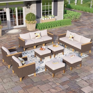 Brown Wicker Rattan 12 Seat 12-Piece Steel Patio Outdoor Sectional Set with Beige Cushions and 4 Ottomans