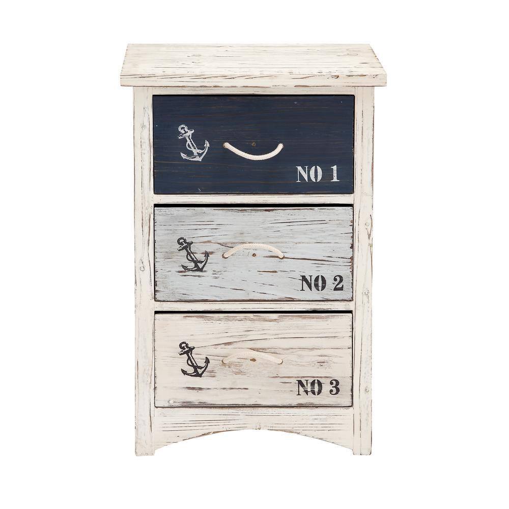 White and Blue Wood Nautical Night Table with Rope Handles