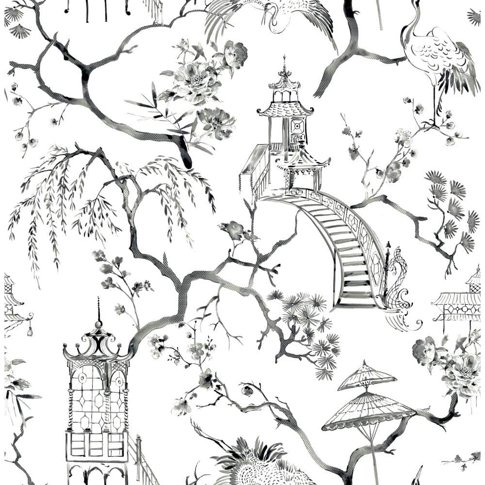 Black, Baby Blue & White Chinoiserie Garden Tree Wallpaper