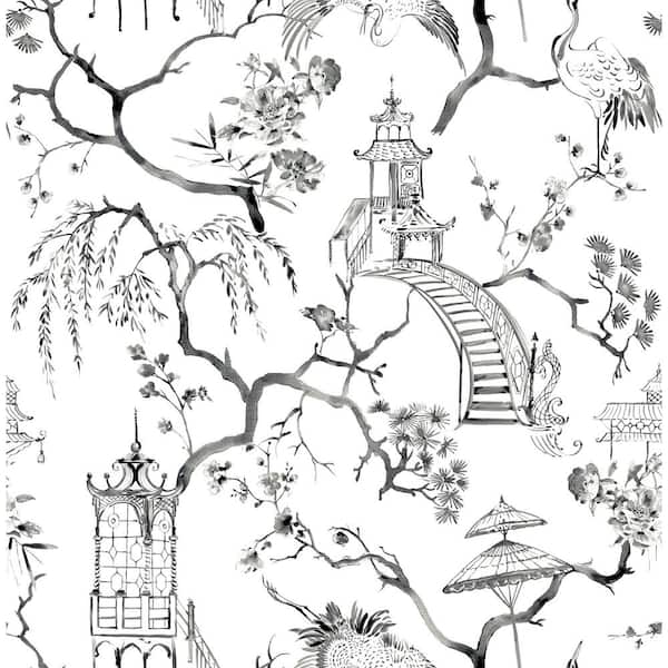 Black, Baby Blue & White Chinoiserie Garden Tree Wallpaper