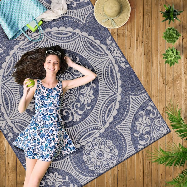 Blue 10 ft. x 14 ft. Waikiki Medallion Modern Indoor Outdoor Area Rug