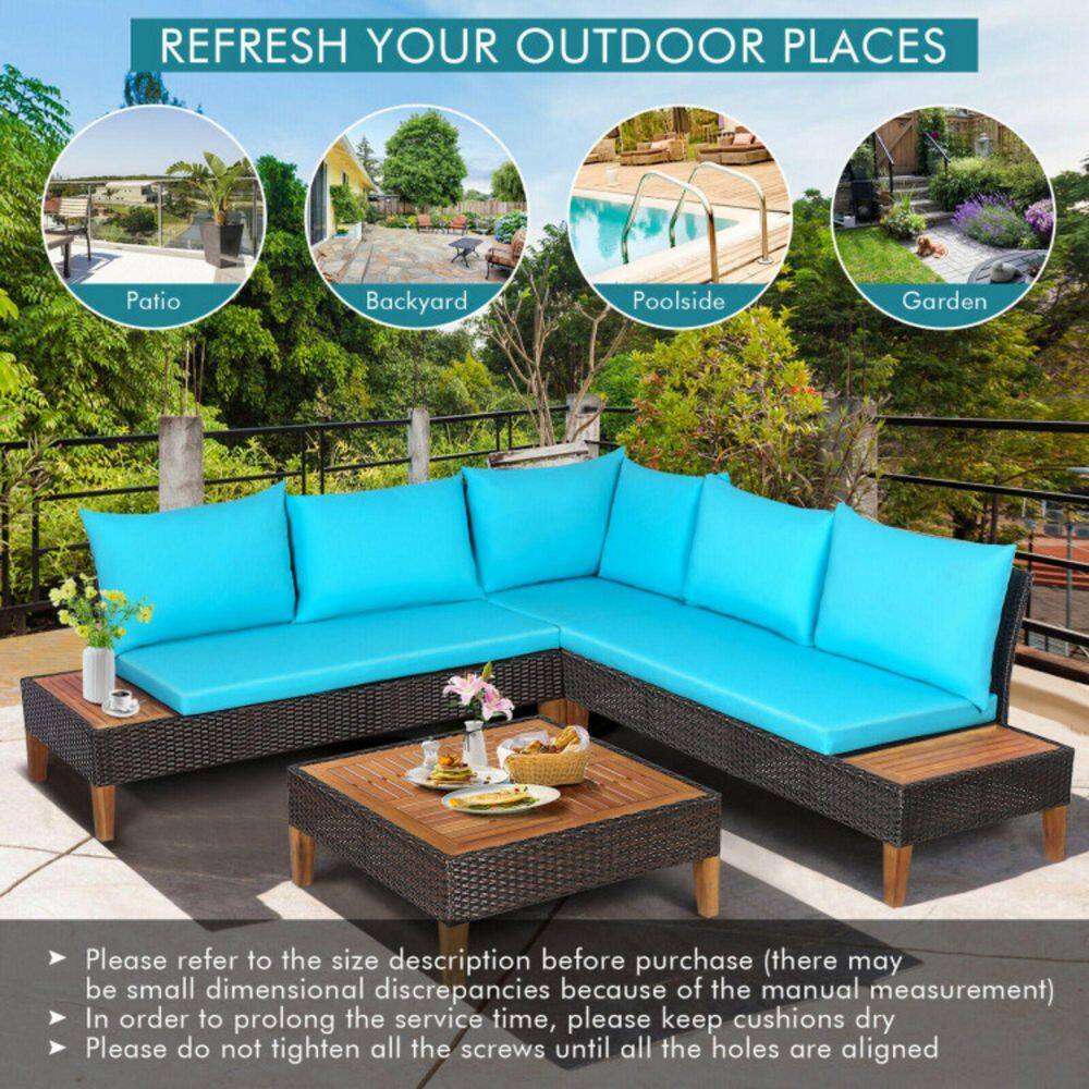 Turquoise Acacia Wood and Rattan 4-Person Patio Conversation Set