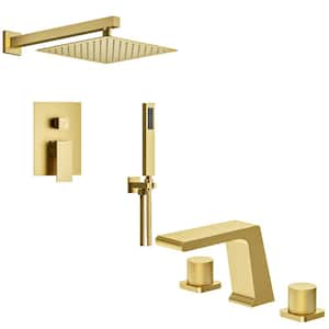 2-Spray 10 in. Wall Mount Fixed and Handheld Shower Head with 8 in. Basin Faucet Set 2.5 GPM in Brushed Gold (2-Pack)