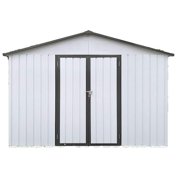 12 ft. W x 10 ft. D Metal Garden Shed Tool Shed with 2 Lockable Doors (120 sq. ft.), Backyard Storage Unit,White & Gray