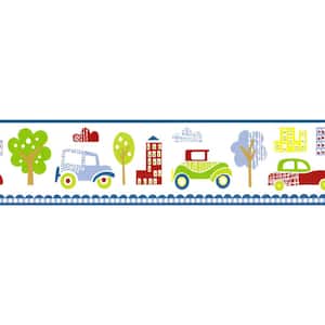 Falkirk Brin II Red, Green, Blue, Yellow Cartoon Retro Cars, City Kids Pre-Pasted Wallpaper Border