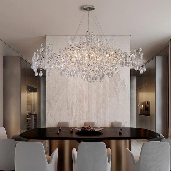 47.2" 14-Lights Silver Luxury Crystal Linear Chandelier, Modern Branch Chandelier for Dinning Room, Kitchen, Living Room