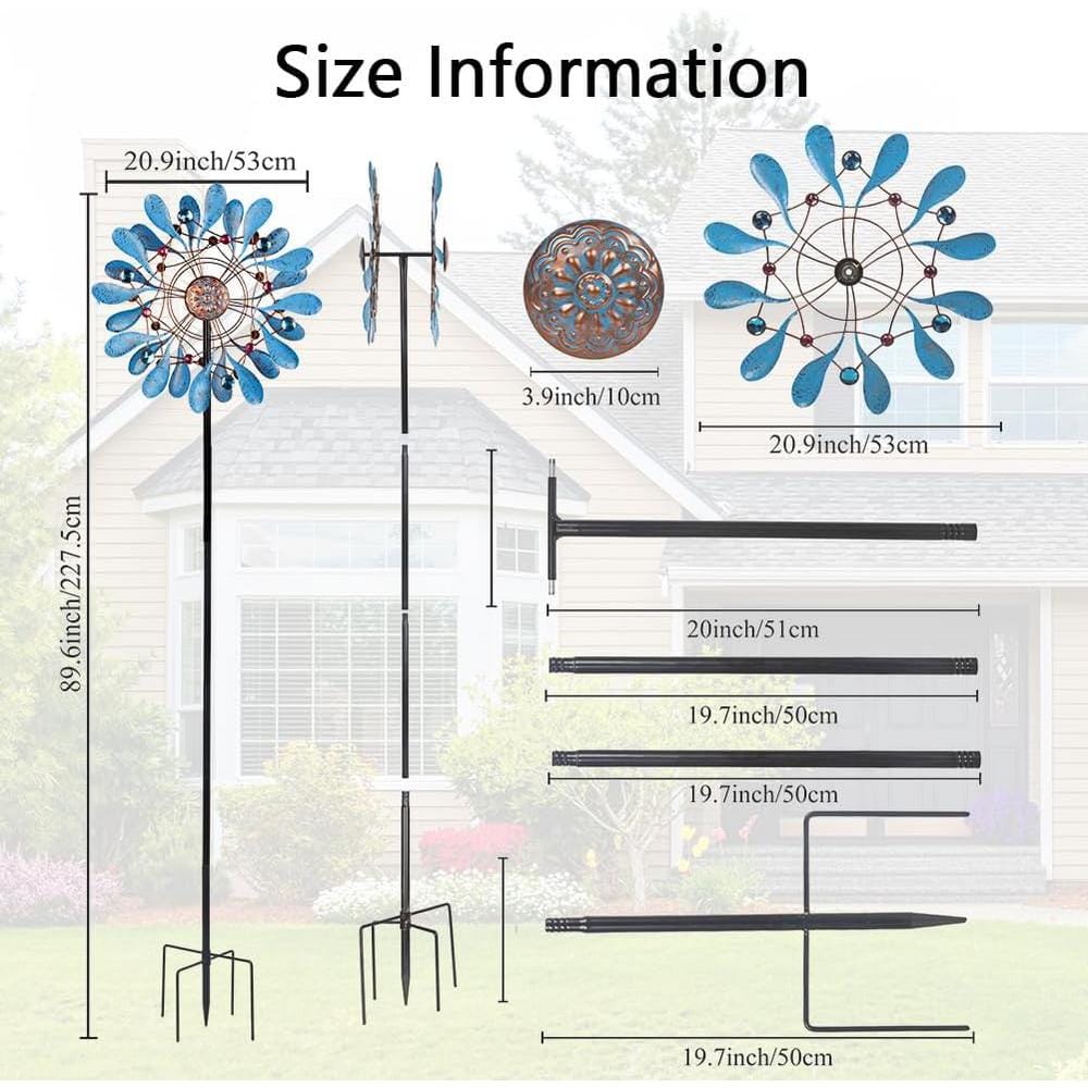 Large Blue Metal Kinetic Wind Spinner with Gem Accents