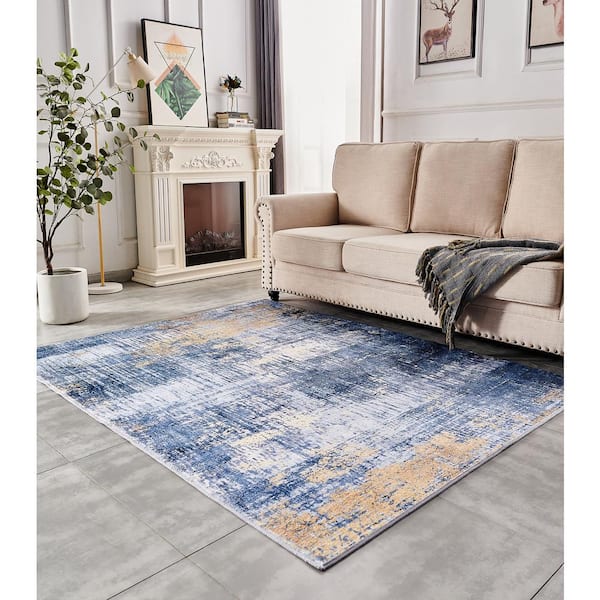 Zara Contemporary Blue/Gold 4 ft. x 6 ft. Washable Super Soft with Abstract Design Area Rug