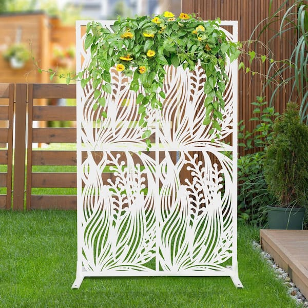 72 in. White Iron Privacy Screen, Freestanding Leaf Shape for Patio Balcony Garden Room Divider Indoor Outdoor