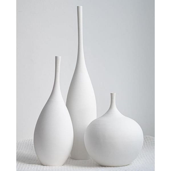 3-Piece White Ceramic Boho Wabi-Sabi Vase Set for Home Decor, 9.25