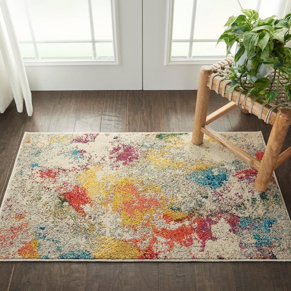 Celestial Ivory/Multicolor doormat 2 ft. x 4 ft. Abstract Art Deco Kitchen Area Rug