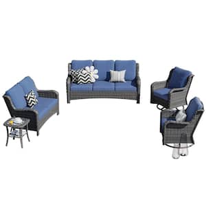 Mercury Gray 5-Piece Wicker Patio Conversation Seating Set with Denim Blue Cushions