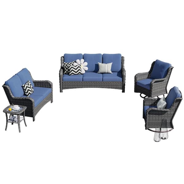 OVIOS Mercury Gray 5-Piece Wicker Patio Conversation Seating Set with Denim Blue Cushions