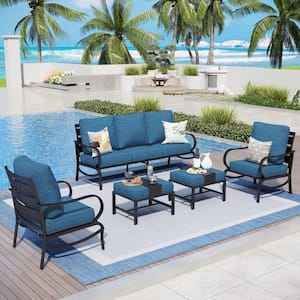 Black 5-Piece Metal Slatted 7-Seat Outdoor Patio Conversation Set with Peacock Blue Cushions and 2 Ottomans