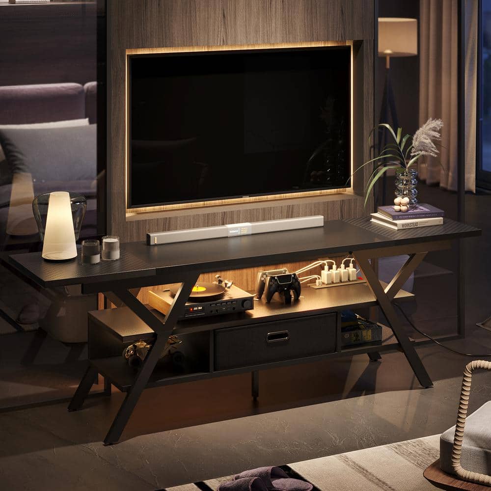 Bestier 70 in. Black Carbon Fiber LED Gaming TV Stand with Drawer and