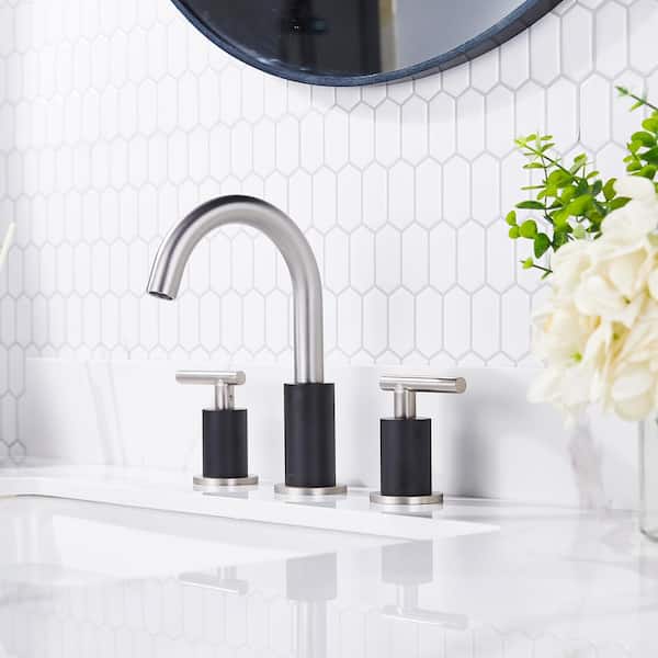 FORIOUS 8 in. Widespread 2-Handle BathroomFaucet 3-Hole Bath Sink Faucet with MetalDrain and Supply Hose in Black Brushed Nickel