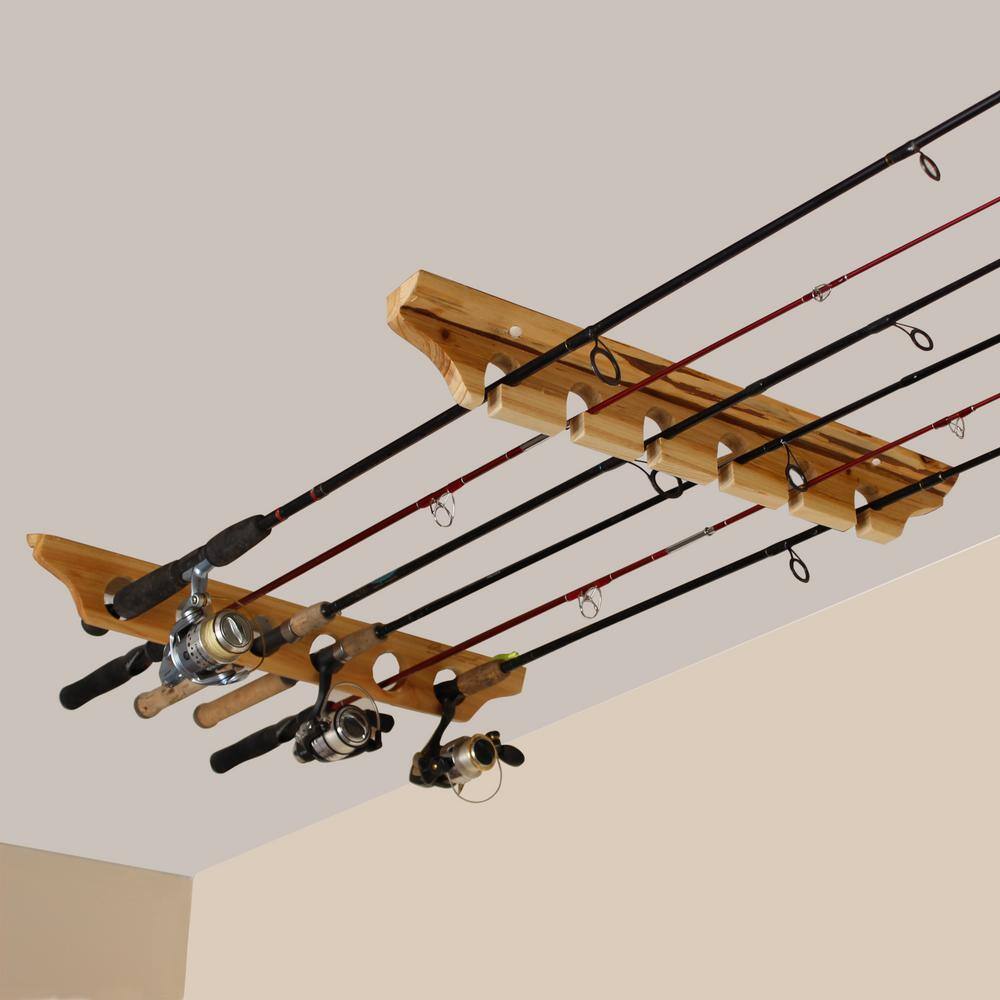 Rustic Light Brown Wood Wall-Mounted Fishing Rod Rack