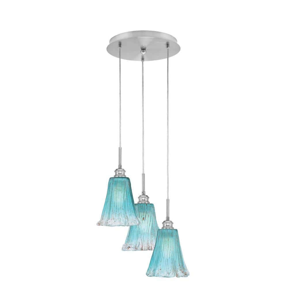 Savannah 12.25 in. 3-Light Brushed Nickel Cord Pendant Light Teal Crystal G