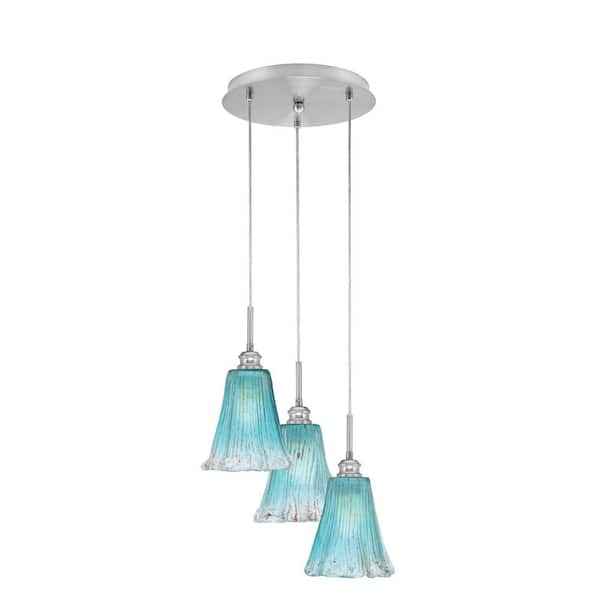 Unbranded Savannah 12.25 in. 3-Light Brushed Nickel Cord Pendant Light Teal Crystal Glass Shade
