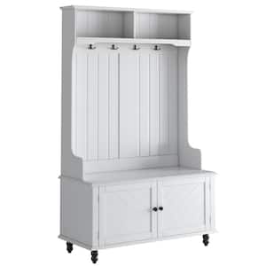 40.1 in. W x 17.7 in. D x 65 in. H White Wood Linen Cabinet with Hall Tree, Storage Bench, 4 Hooks and Hanging Bar