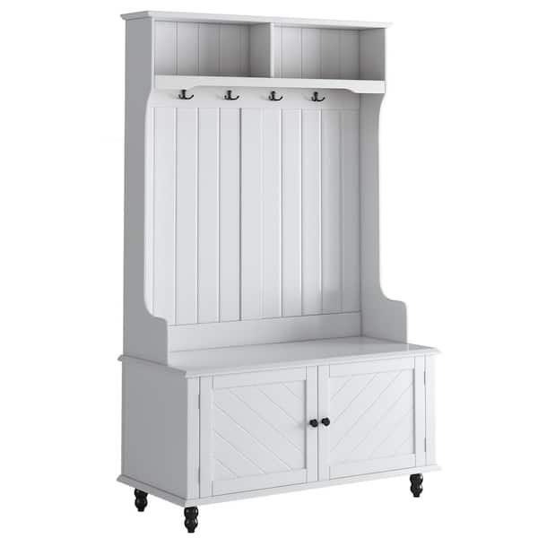 Unbranded 40.1 in. W x 17.7 in. D x 65 in. H White Wood Linen Cabinet with Hall Tree, Storage Bench, 4 Hooks and Hanging Bar