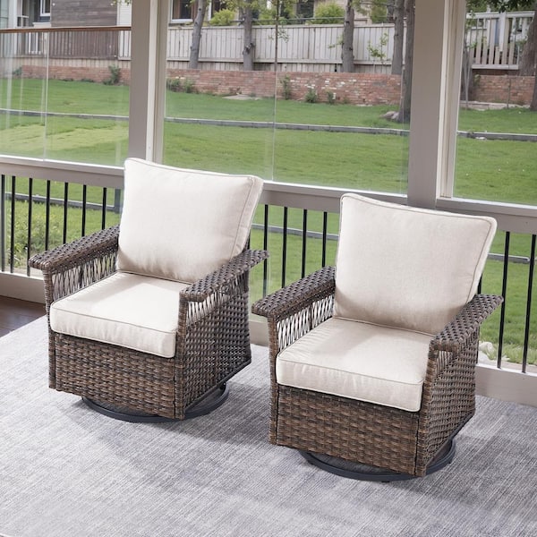 Opohoro GliderNet Metal and Brown Wicker Outdoor Rocking Chair Patio Swivel Chairs with Olefin Beige Cushions (2-Pack)